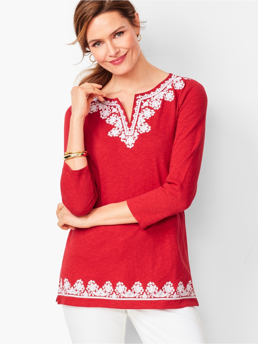 Talbots Red Embroidered V-Neck Tunic 1X Christmas 100% cotton